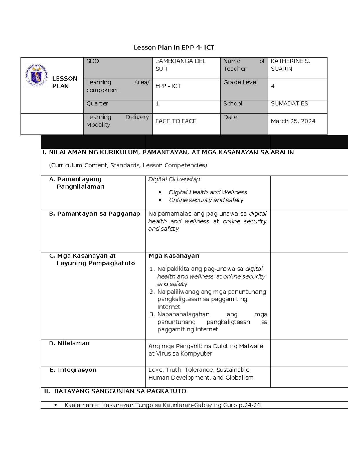 EPP 4 - Lesson Plan on Digital Citizenship and Internet Safety - Studocu