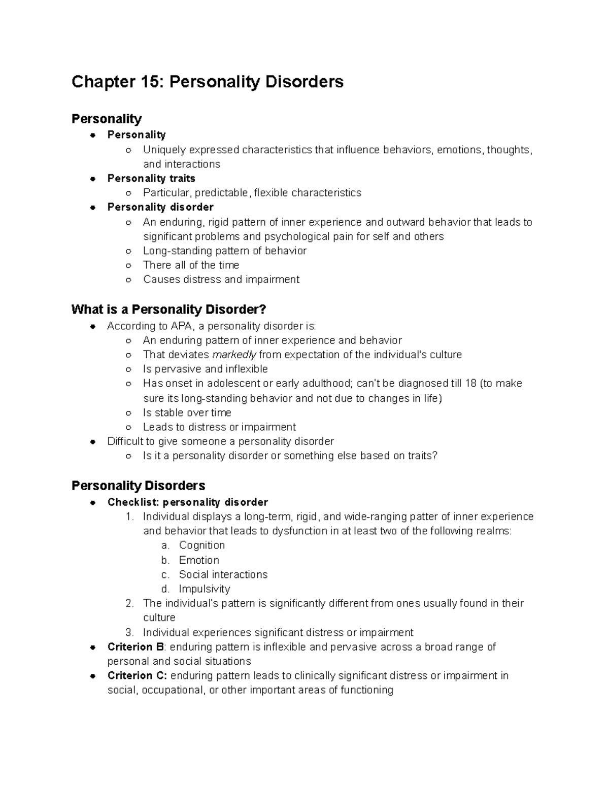 Chapter 15: Personality Disorders Overview - Studocu