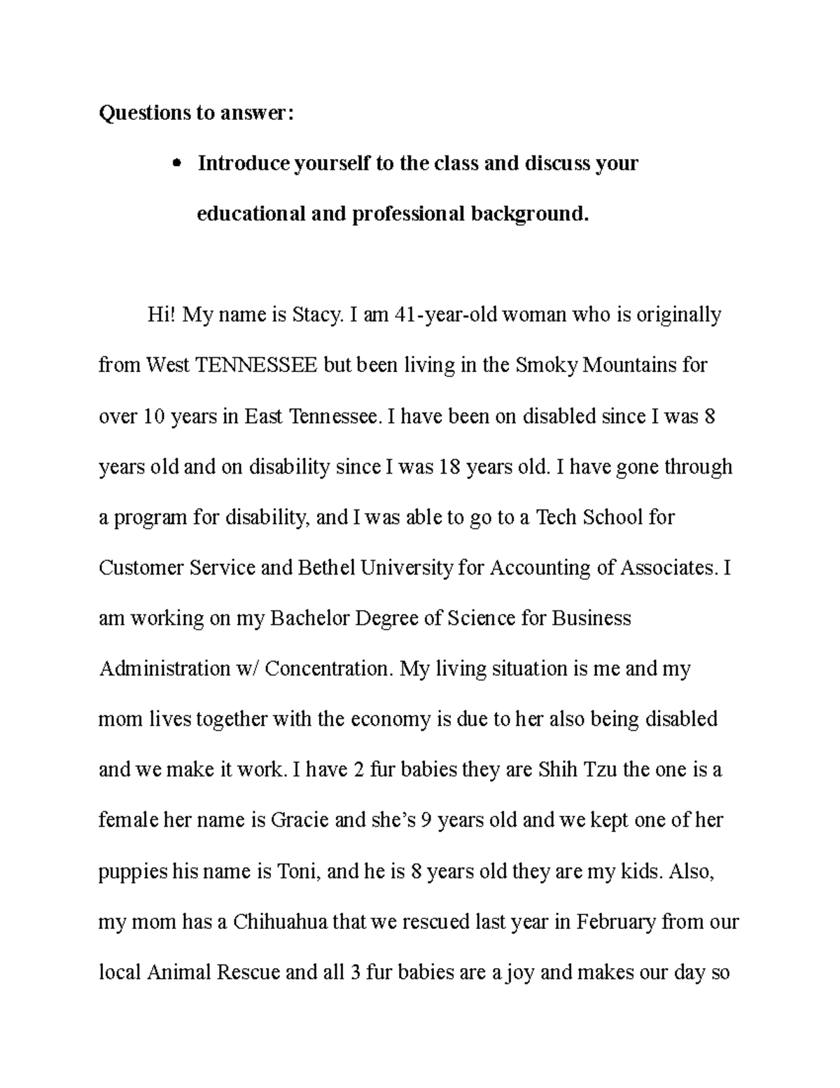 Fin-320 Week 1 -Discussion Homework - Questions to answer: Introduce ...