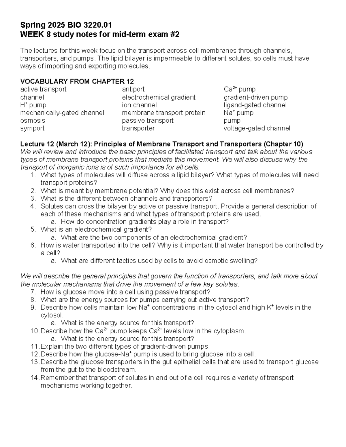 Spring 2025 BIO 3220.01 Week 8 Study Notes for Midterm Exam #2 - Spring ...