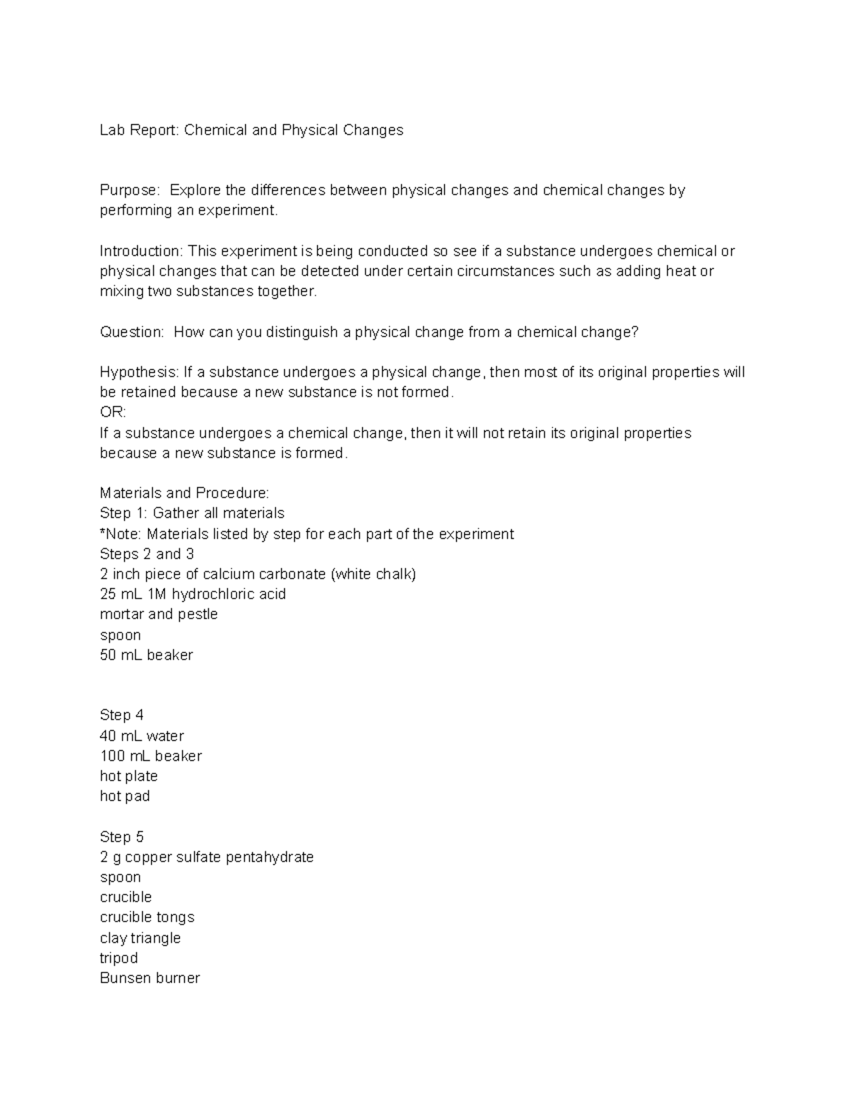 Lab Report: Chemical and Physical Changes (Chem 101) - Studocu