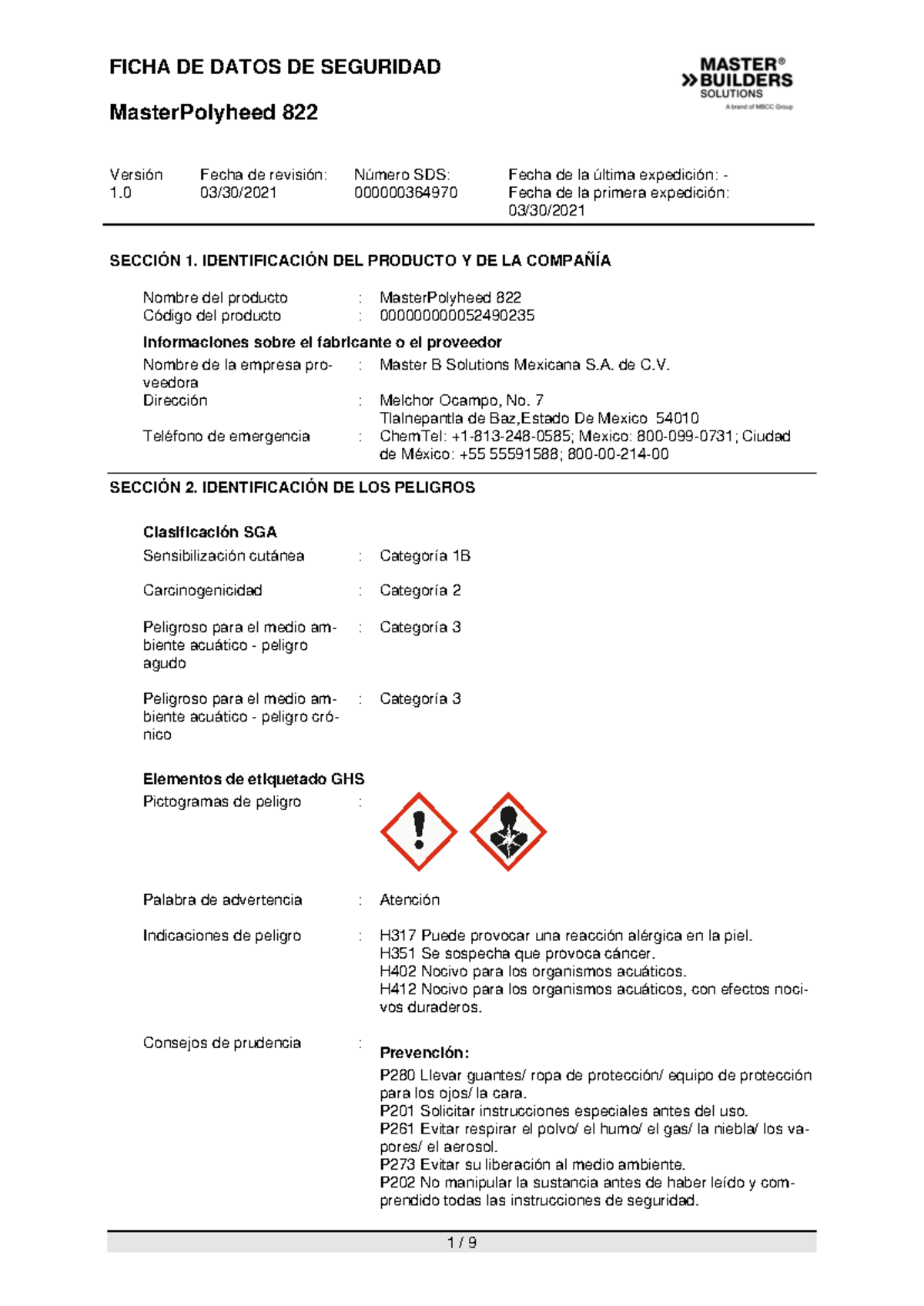 HDS MasterPolyheed 822 - Ficha de Datos de Seguridad Versión 1.0 - Studocu