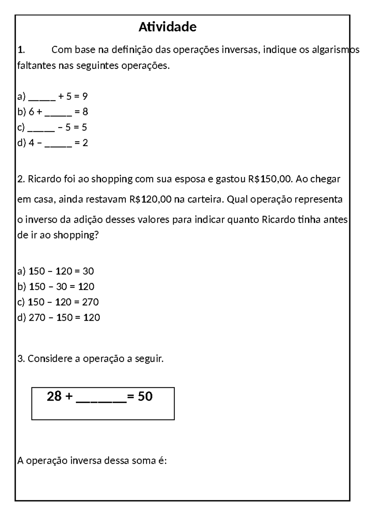 Atividade 1: Operações Inversas e Cálculos - Aula de Matemática - Studocu