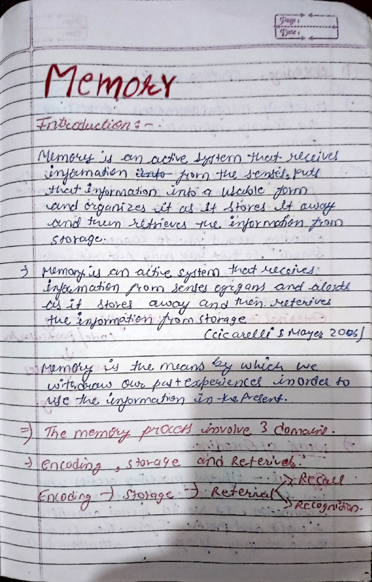 Memory Notes - Page: Date: Memory Introduction : 1 Memory is an active ...