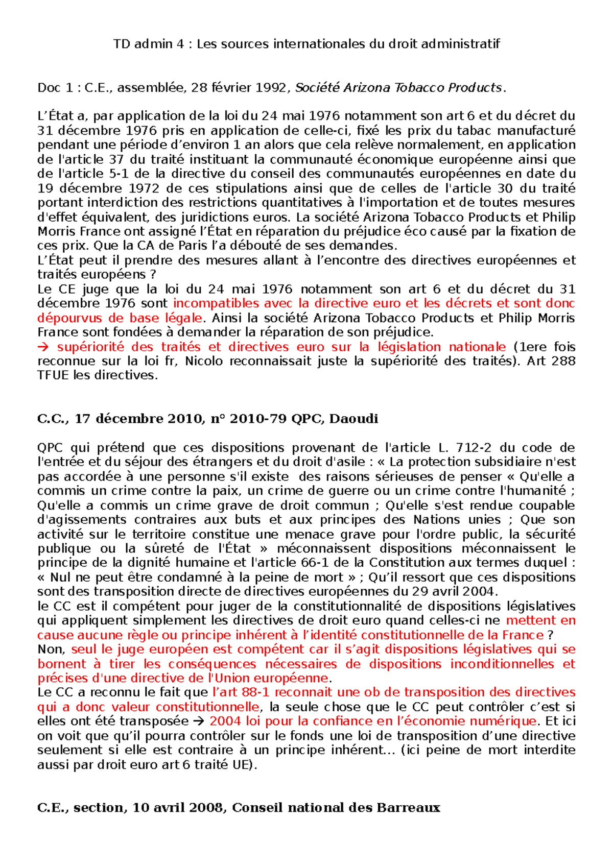 TD Admin 4 : Les Sources Internationales du Droit Administratif - Studocu