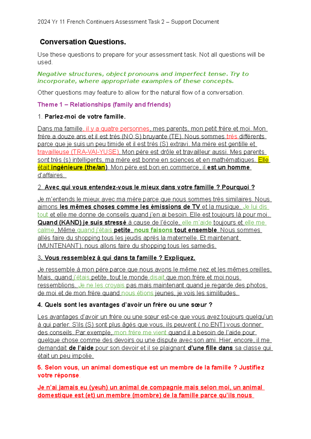 French Conversation Questions Task 2 - Conversation Questions. Use ...