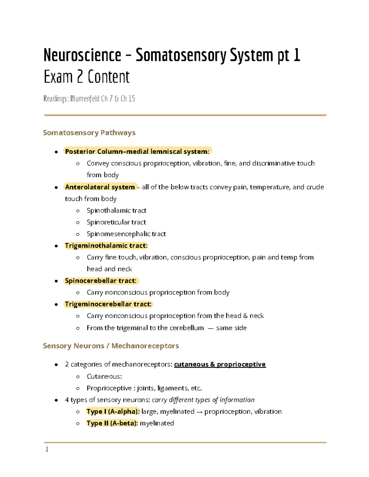 Neuroscience – Somatosensory System Exam Notes PT1 (Course Code ...