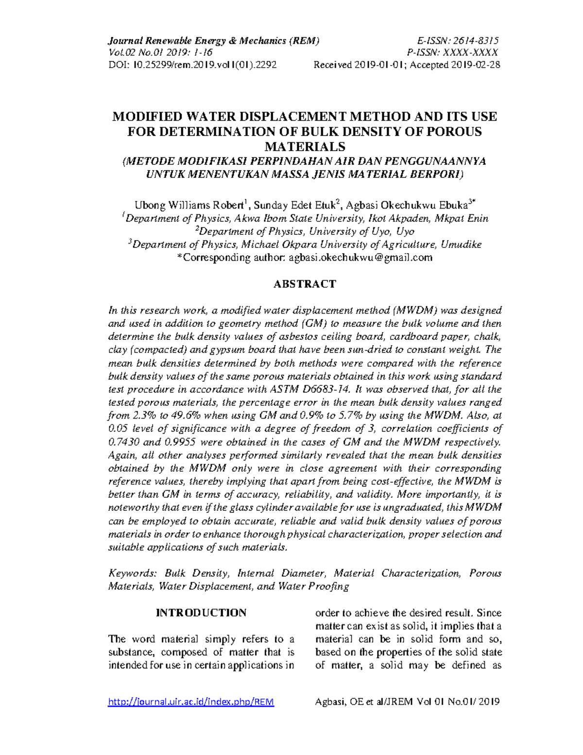 Modified Water Displacement Method for Bulk Density Determination (REM ...