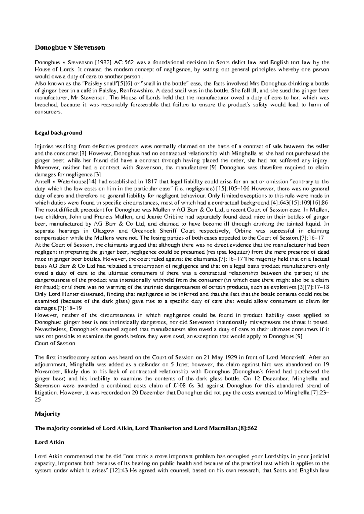 Donoghue v Stevenson: Landmark Case on Duty of Care in Law - Studocu