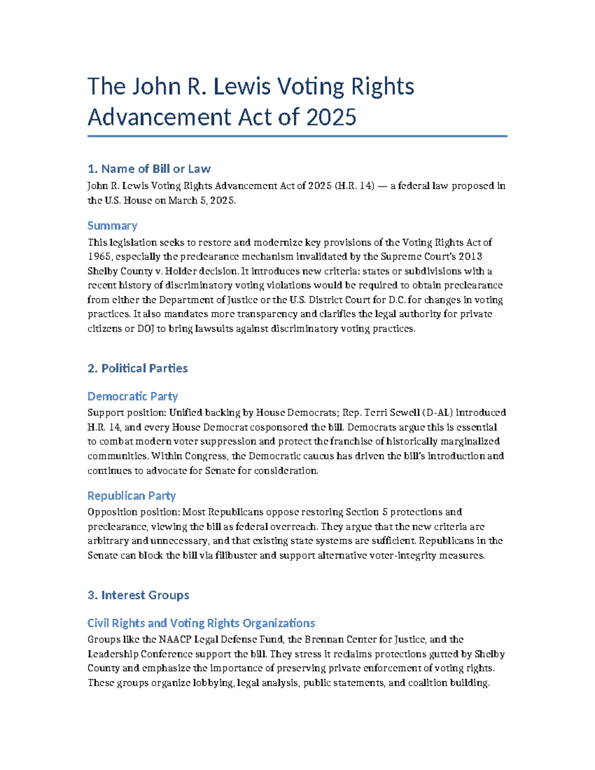 John R. Lewis Voting Rights Act of 2025 Overview and Analysis - Studocu