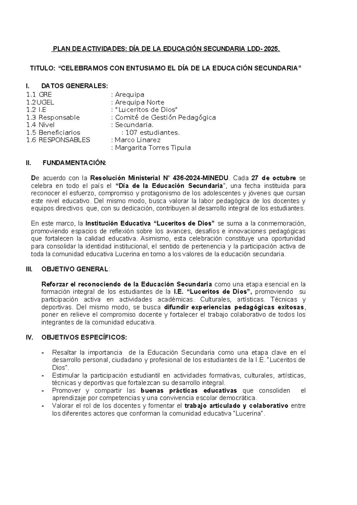 PLAN DE ACTIVIDADES POR EL DÍA DE LA EDUCACIÓN SECUNDARIA 2025 - Studocu