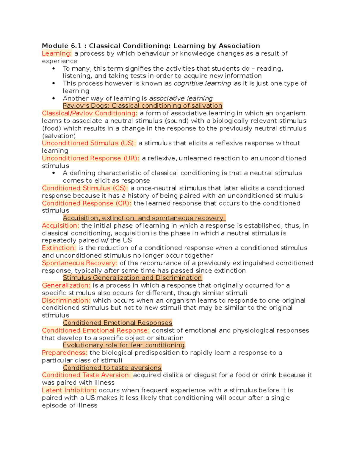 Module 6: Lecture Notes on Classical & Operant Conditioning Concepts ...