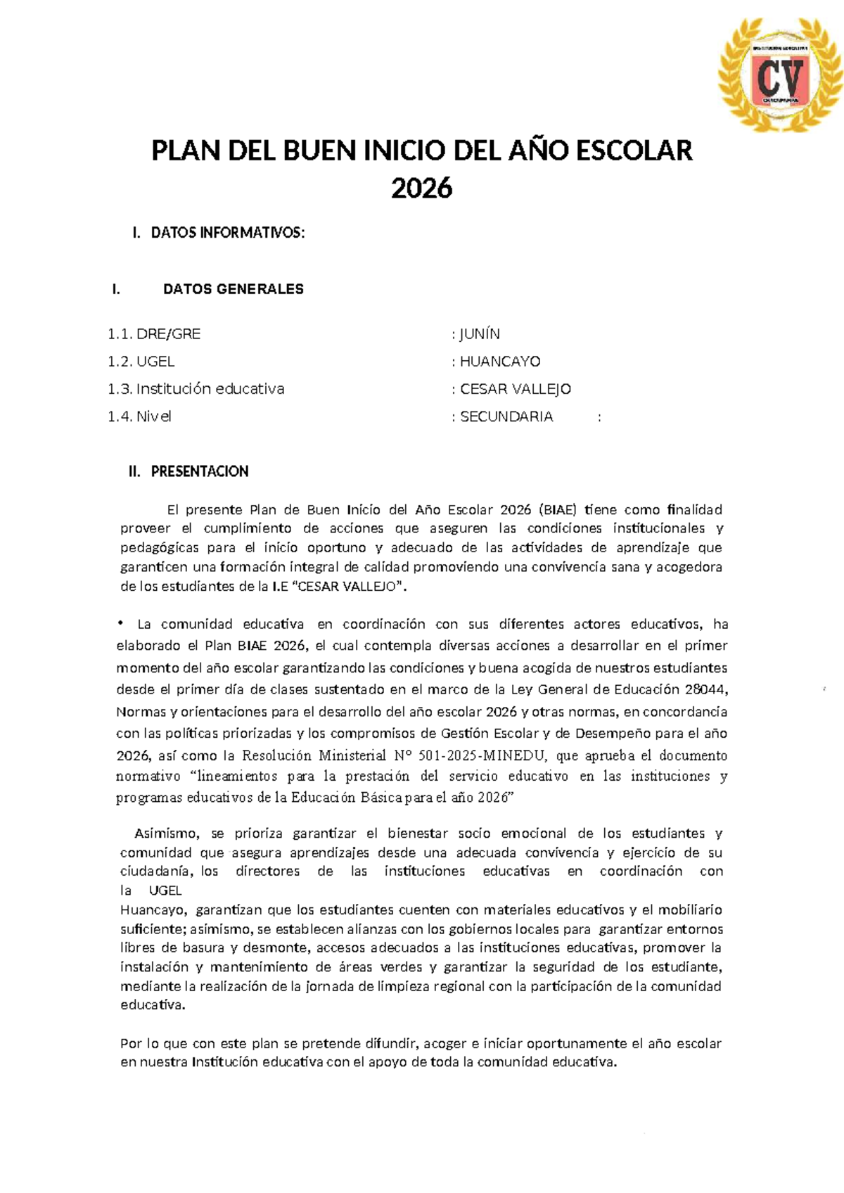 PLAN DE BUEN INICIO DEL AÑO ESCOLAR 2026 - CESAR VALLEJO - Studocu