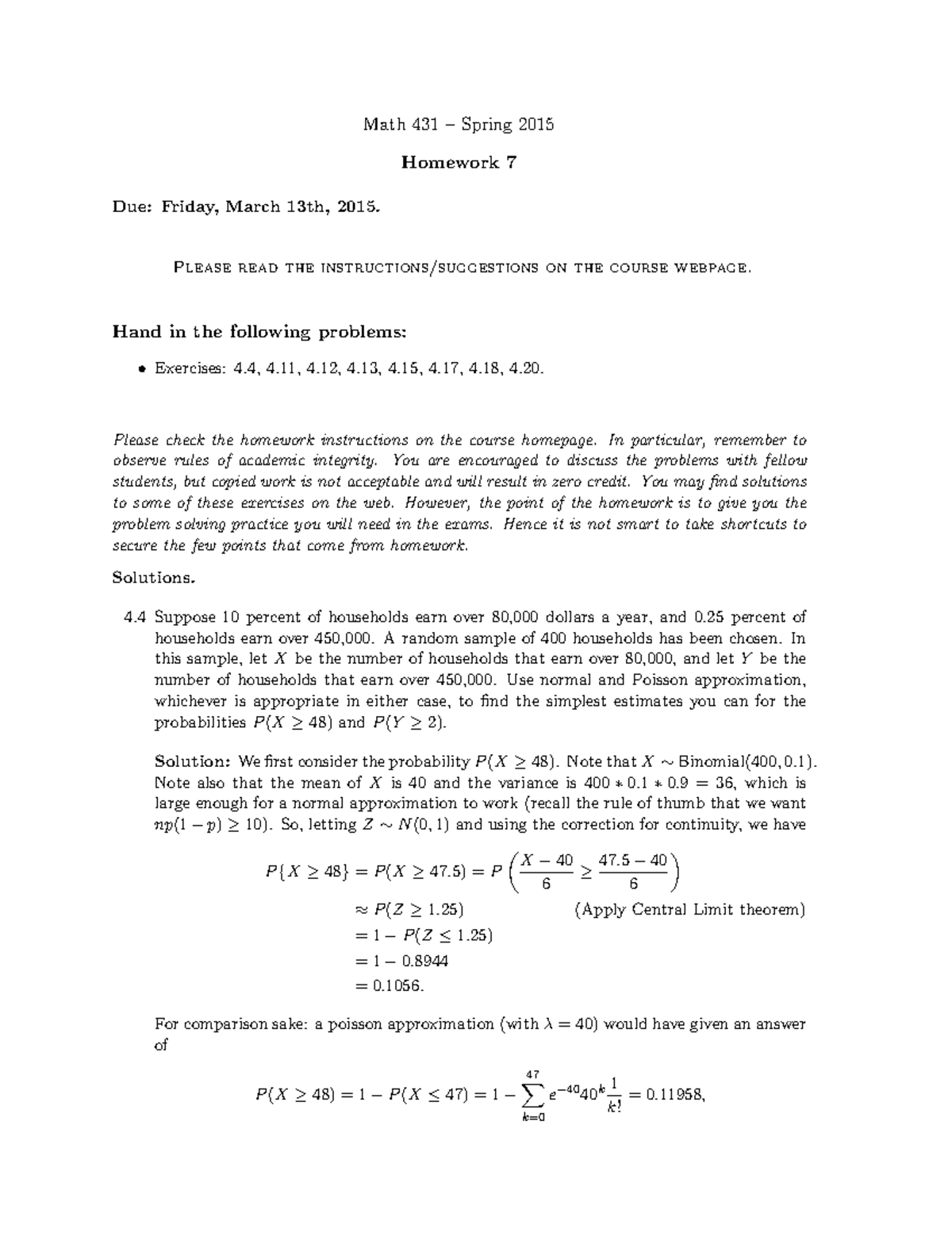 Math 431 Homework 7 Solutions - Spring 2015 - Studocu