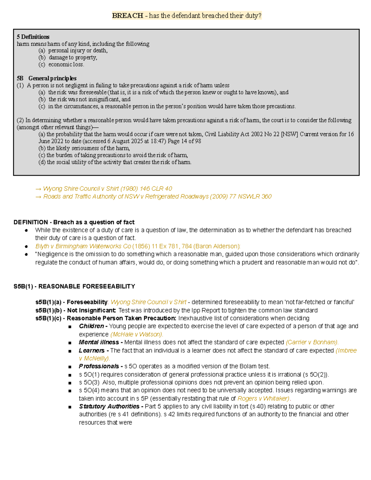 LAWS1061 - Breach Duty of Care: Final Exam Notes - Studocu