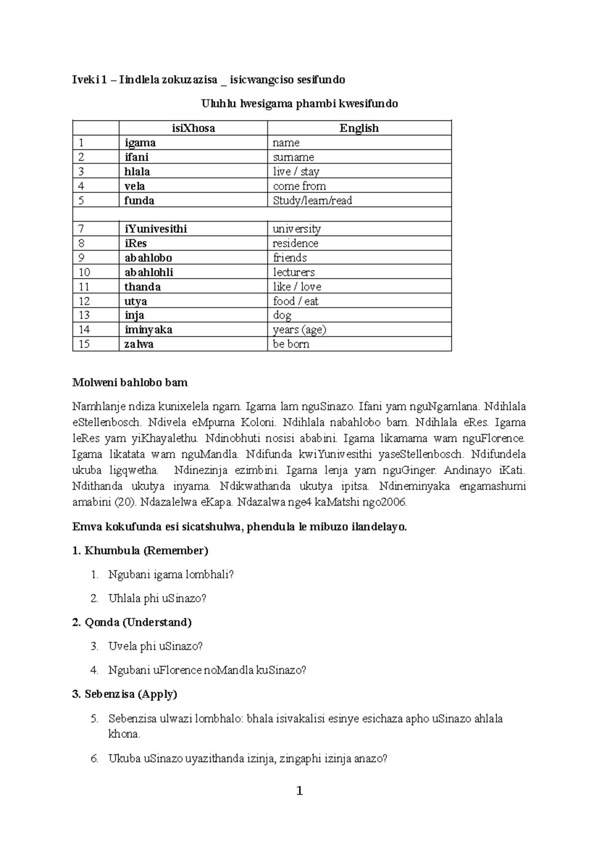 Iveki 1: Iindlela Zokuzazisa - Isicwangciso Sesifundo IsiXhosa 214 ...