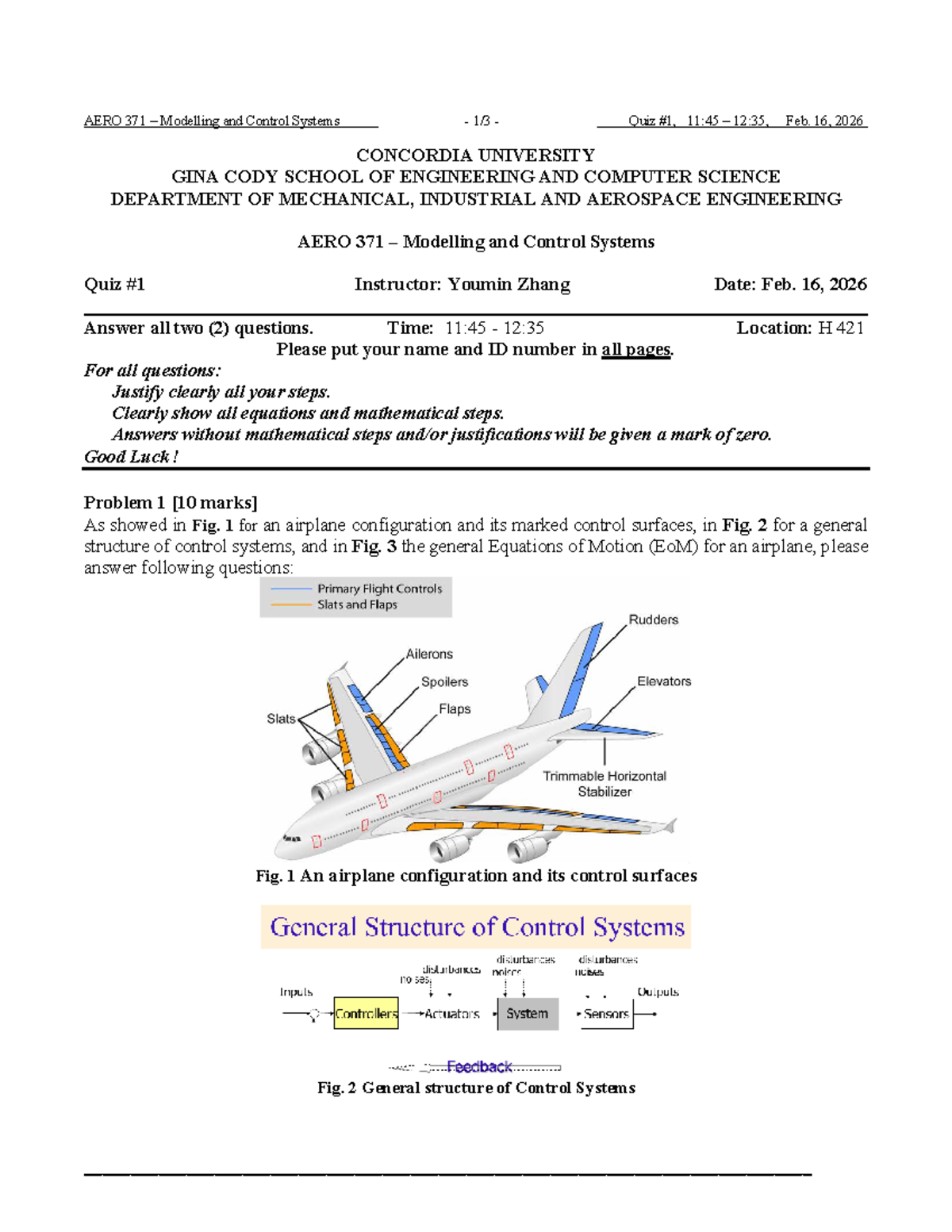 AERO 371 Modelling and Control Systems Quiz - Feb. 16, 2026 - Studocu