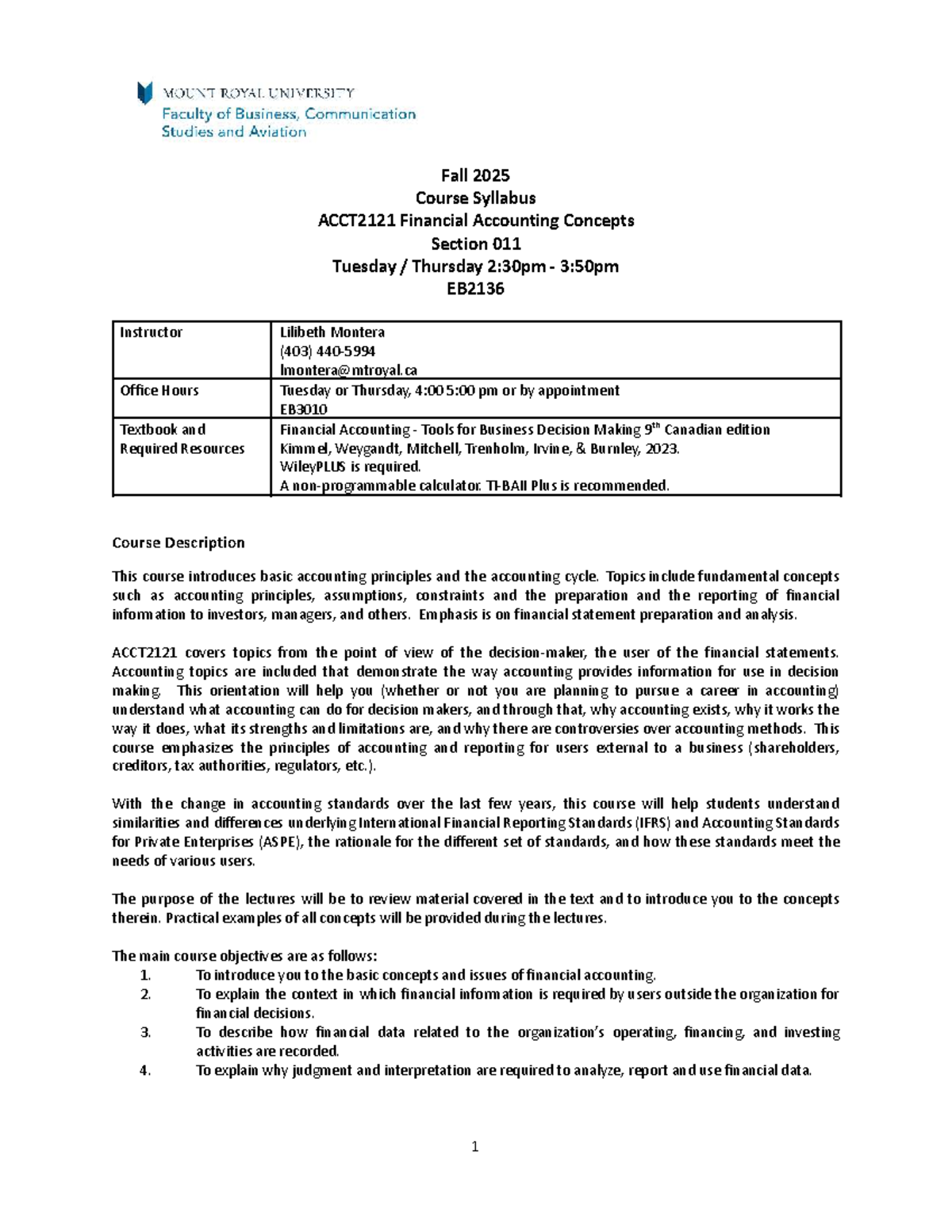 Fall 2025 ACCT2121 Financial Accounting Concepts Syllabus - Studocu