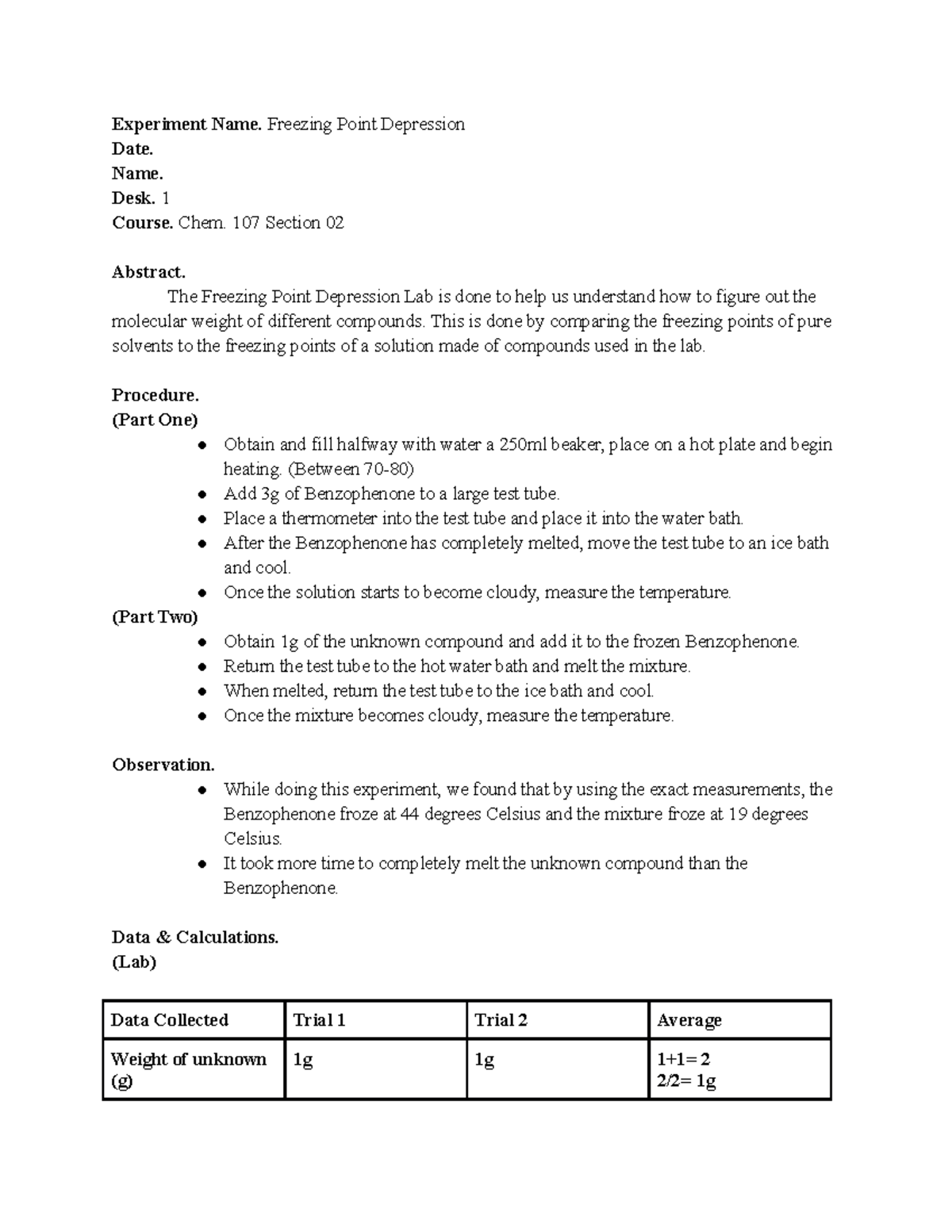 Freezing Point Depression Lab Report - Experiment Name. Freezing Point ...