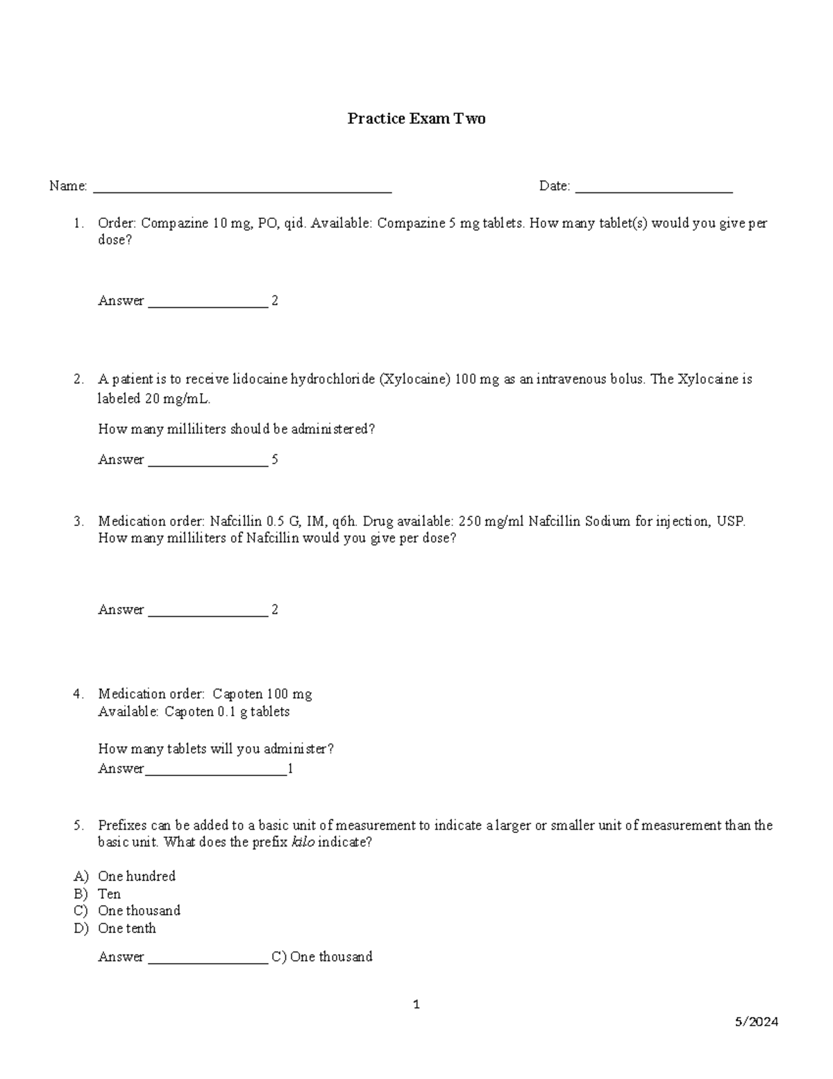 Dosage Calculations Practice Exam 2 w answers 2024 - Practice Exam Two ...