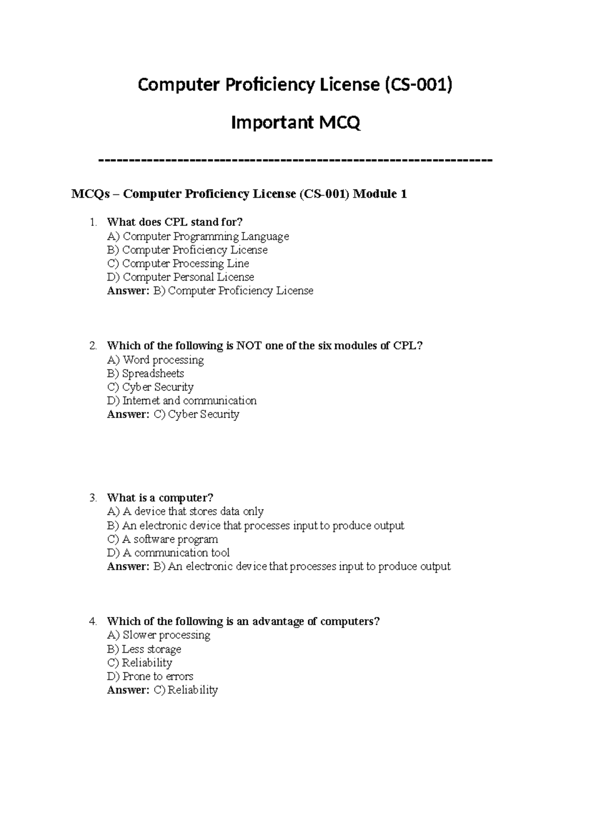 Cs001 - Midterm Practice Solved MCQs for Computer Proficiency License ...