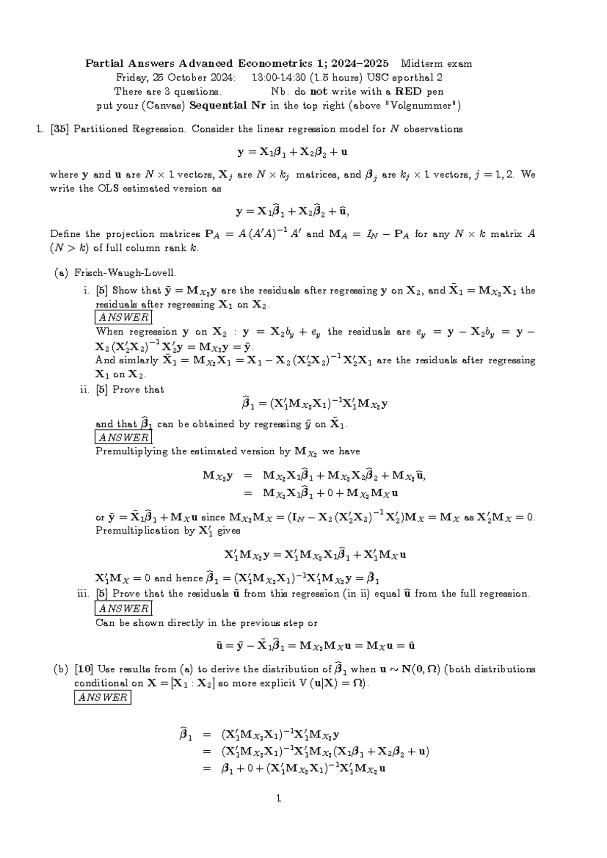 AE1 Midterm Exam 2024: Partial Answers for Advanced Econometrics ...