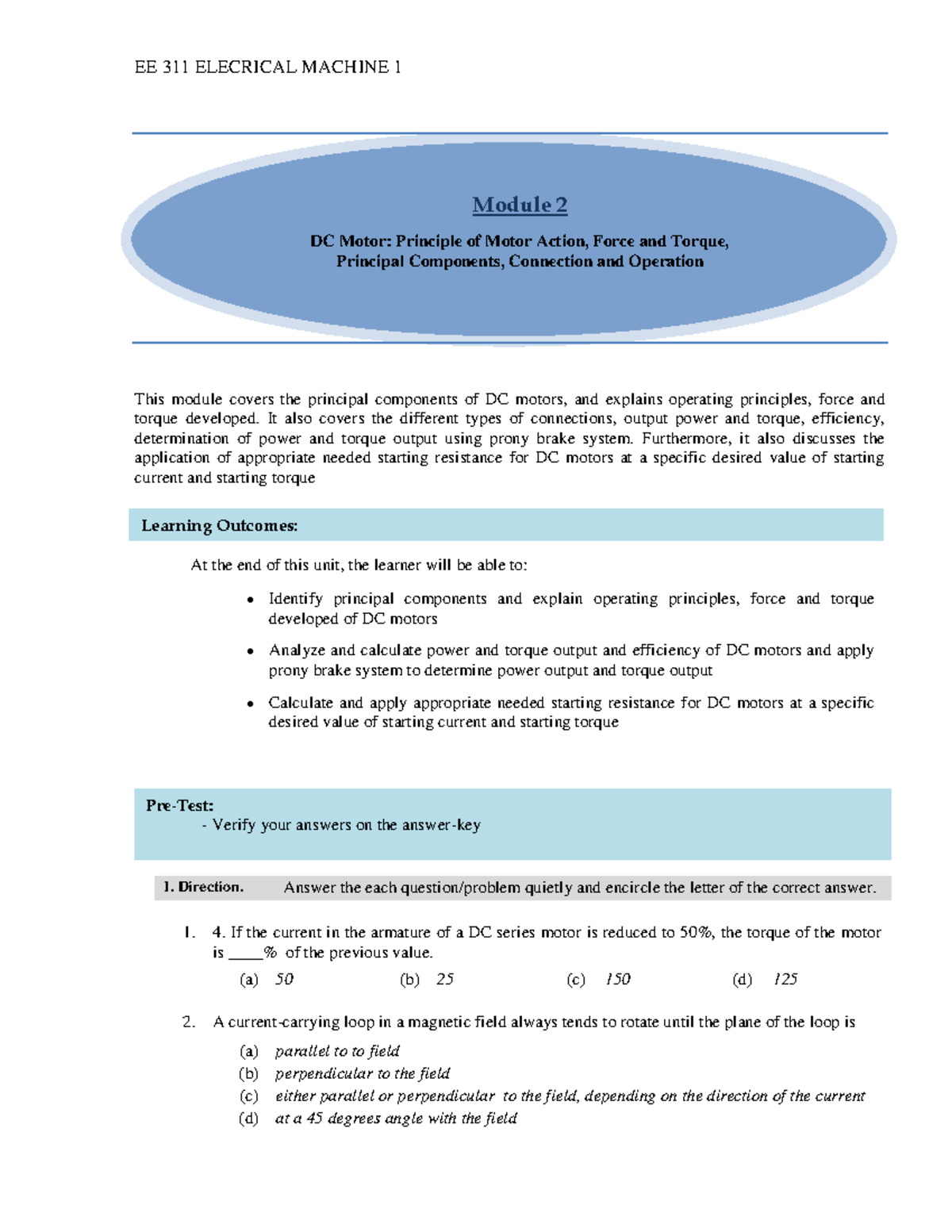 EE 311 ELECTRICAL MACHINE 1 Module 2: DC Motor Principles and ...