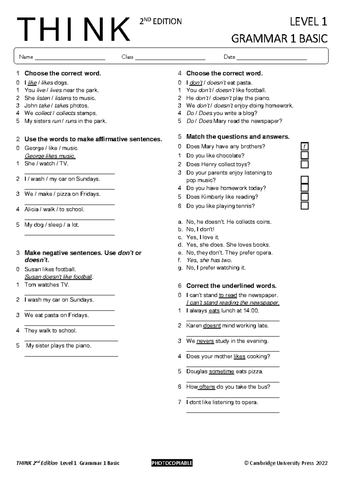 Think 2E L1 Grammar Basic Unit 1 Exercises & Activities - Studocu