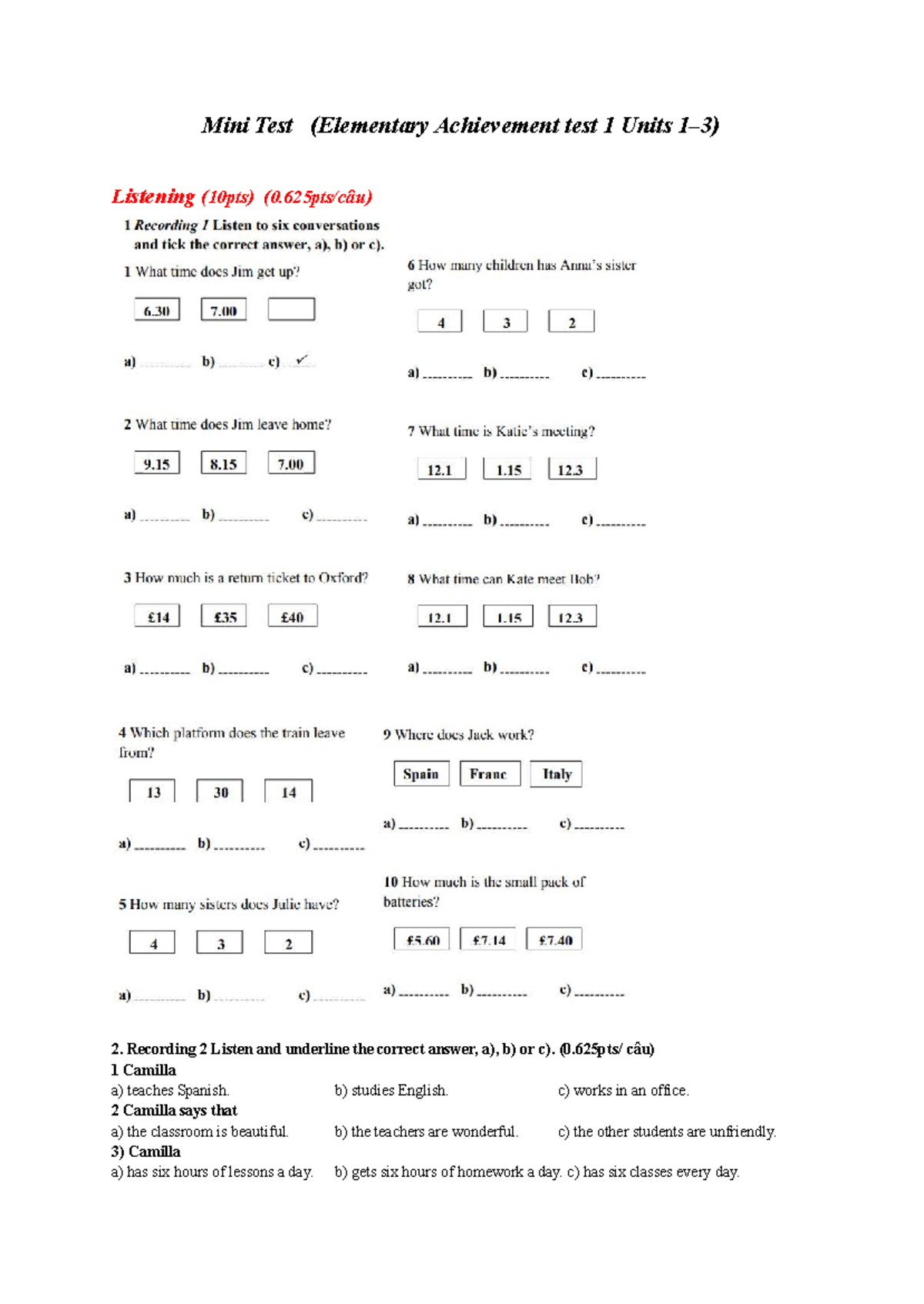 Mini Test (Elementary Achievement Test 1) - Listening & Reading ...