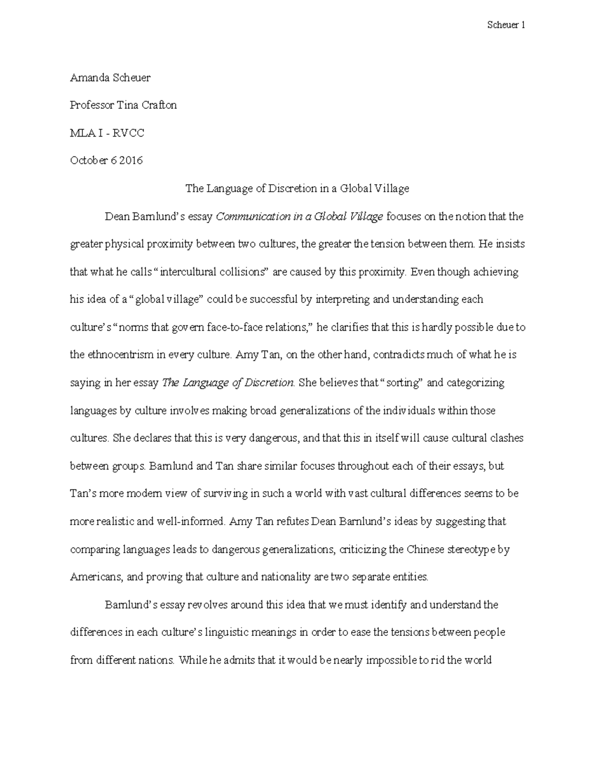 Essay 1 - The Language of Discretion in a Global Village - Scheuer 1 ...