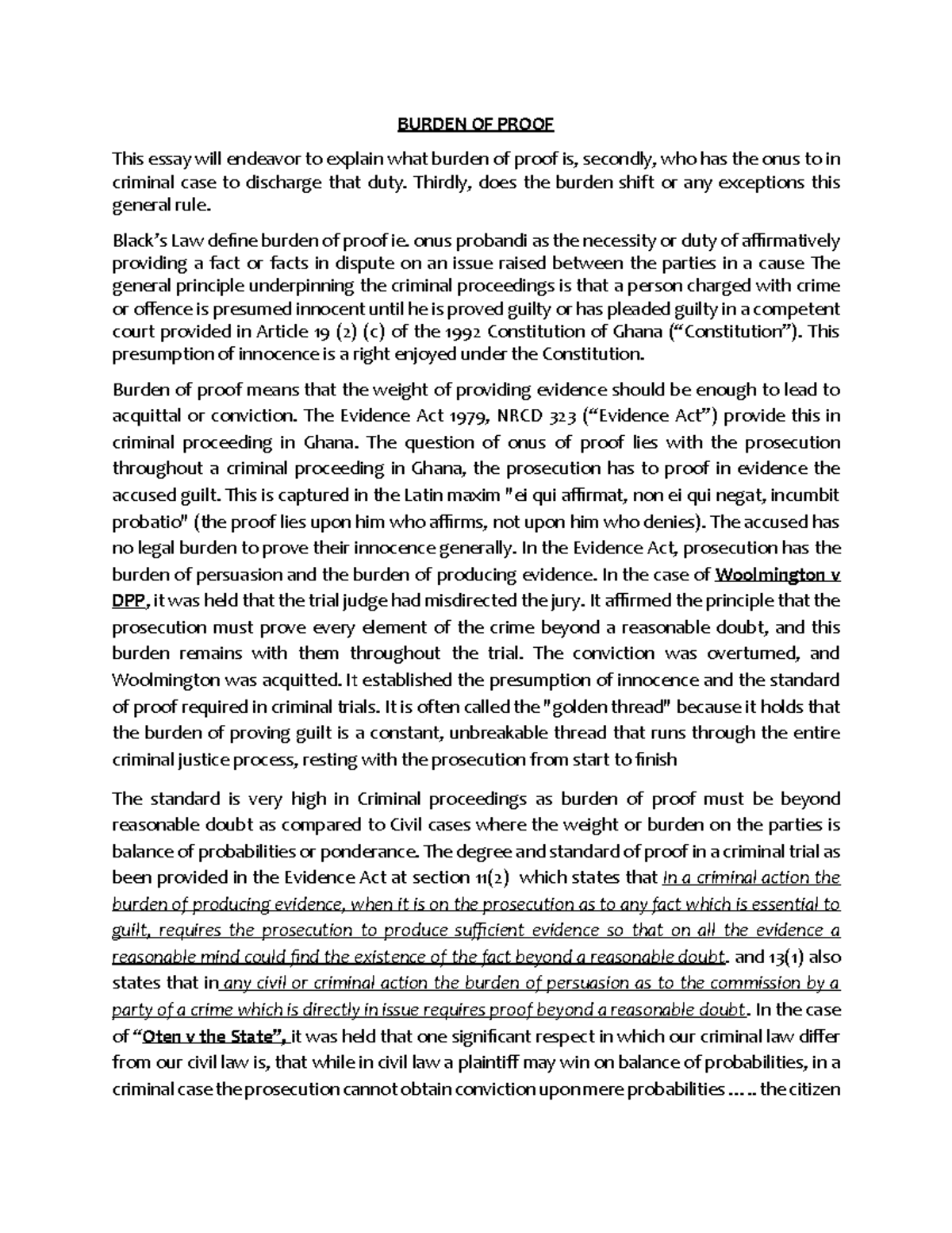 Burden of Proof in Criminal Law: Key Principles and Case Analysis - Studocu
