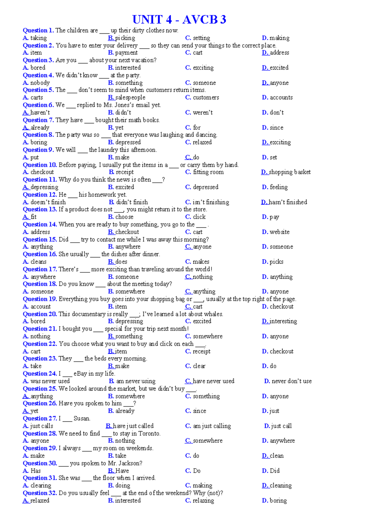 UNIT 4 AVCB 3 - Vocabulary and Grammar Exercises (Questions 1-129 ...