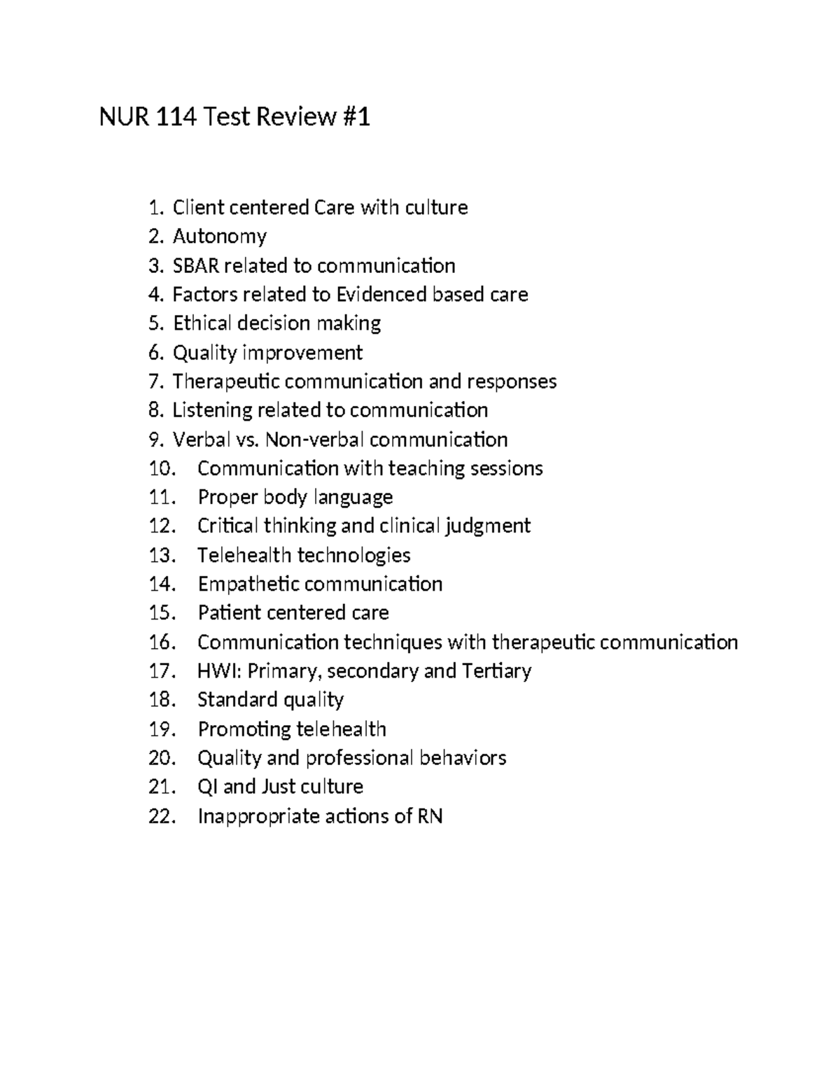 NUR 114 Final Exam Test Review Notes on Client Care & Communication ...