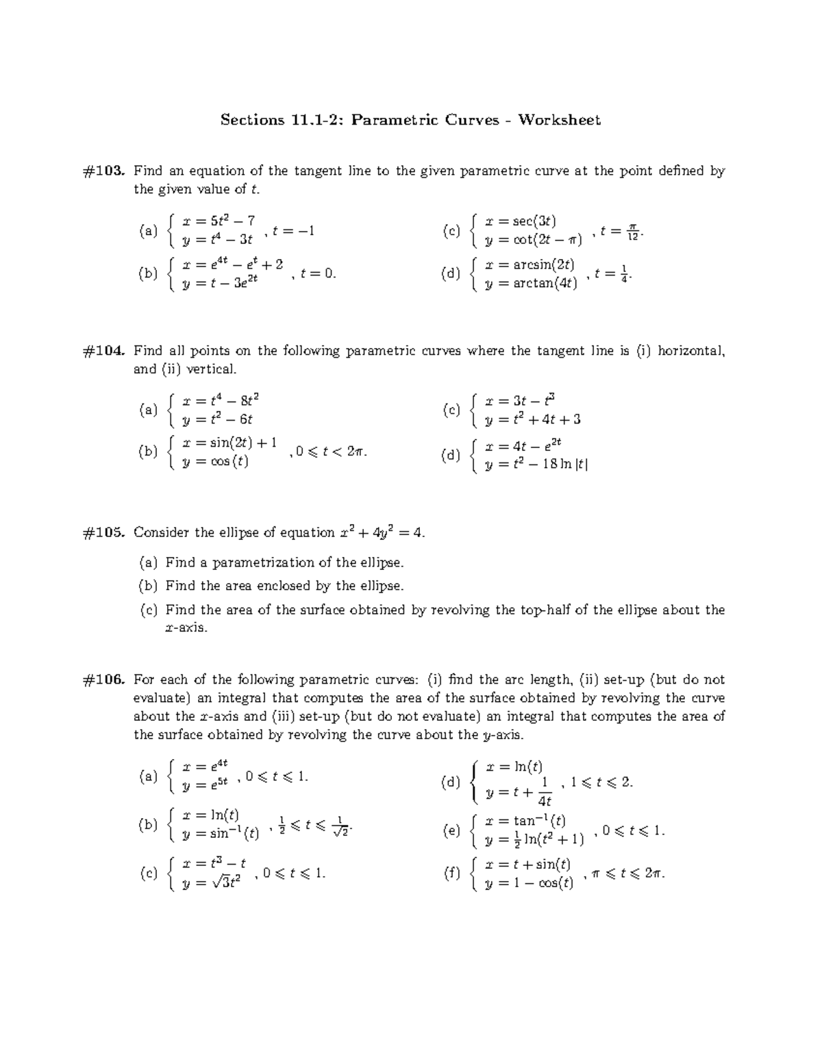 Parametric Curves Worksheet - Sections 11.1-2 - Studocu
