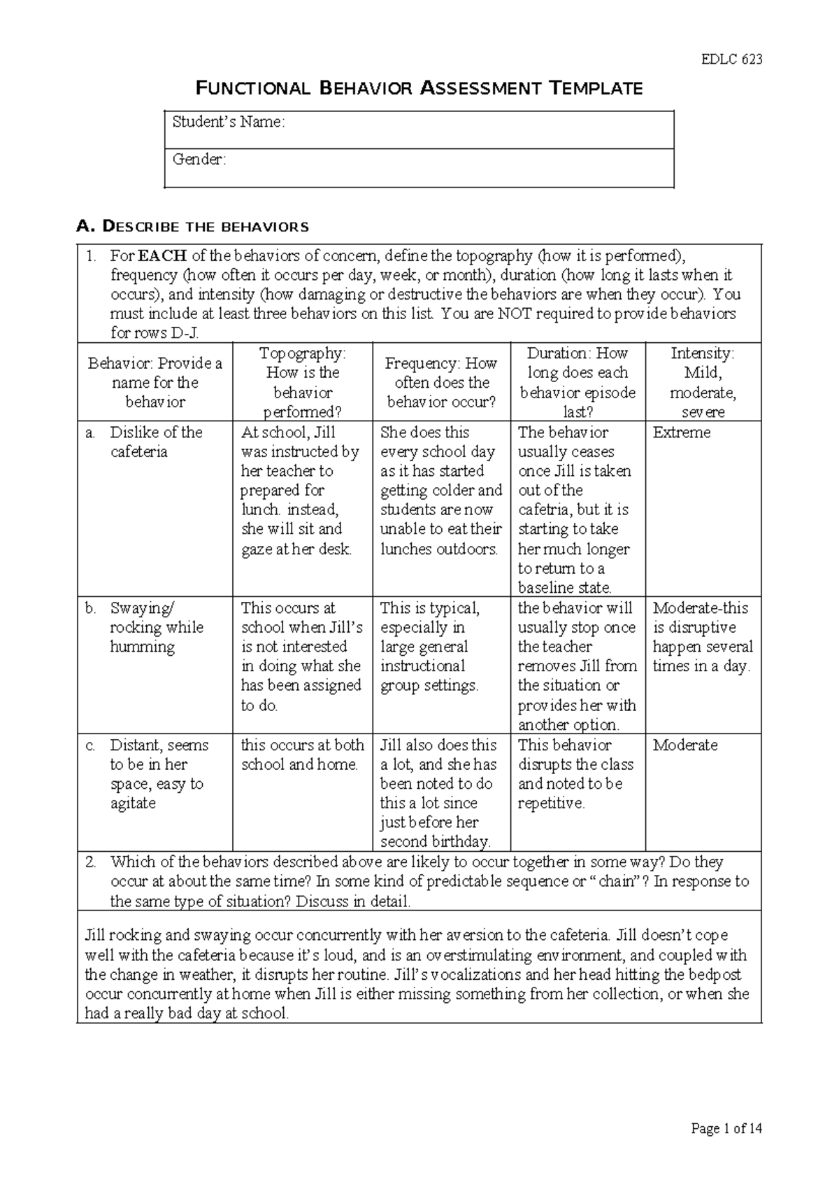 EDLC 623 Functional Behavior Assessment Template for Jill Smith - Studocu
