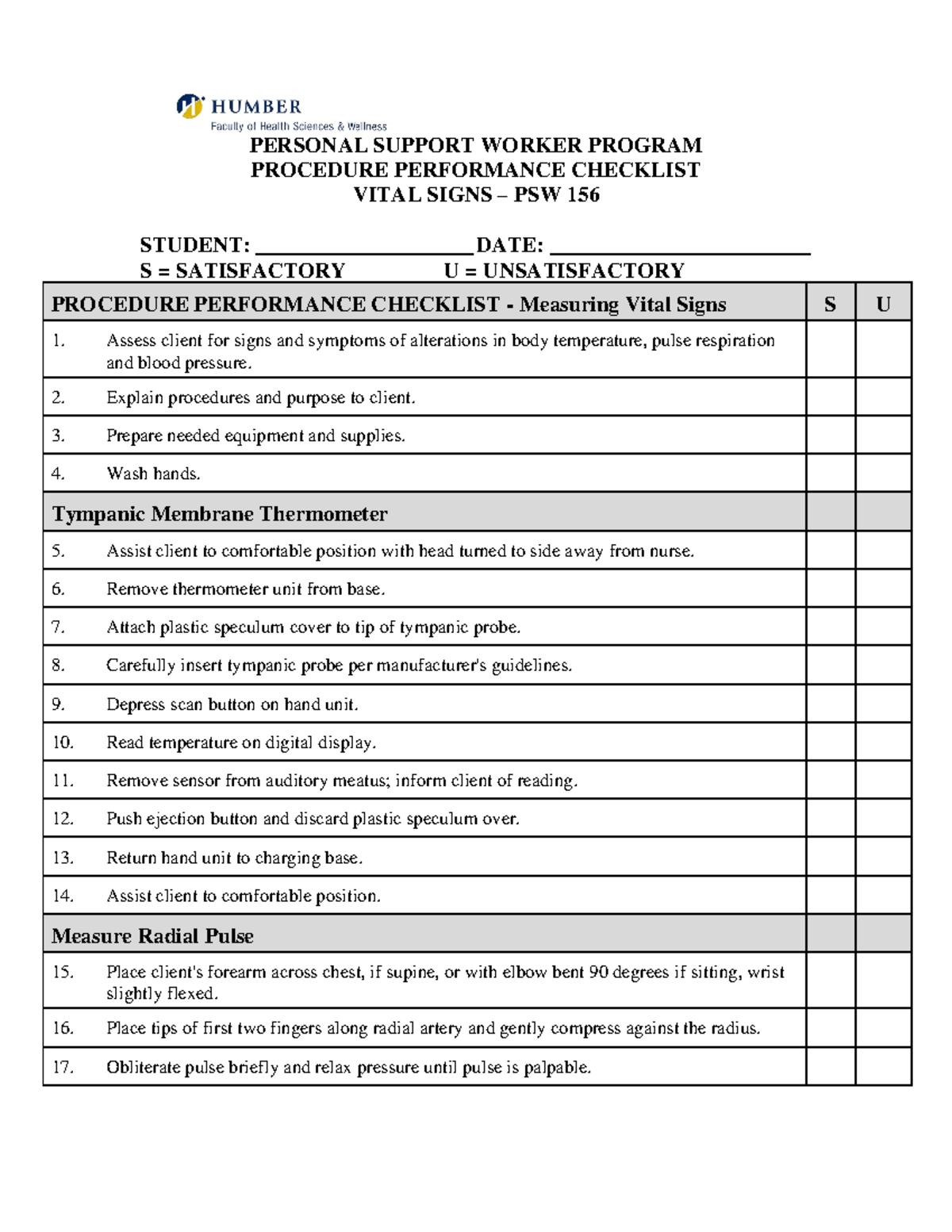 Vital Signs Procedure Performance Checklist - PSW 156 - Studocu