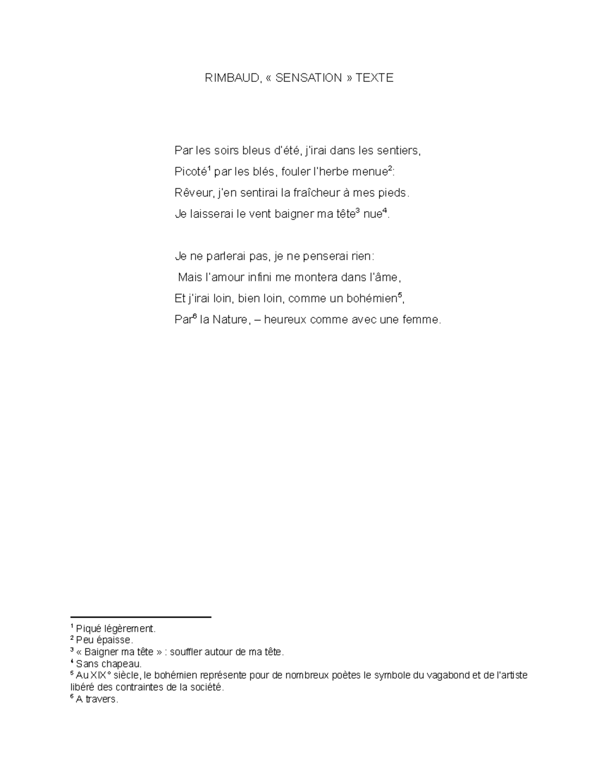 Sensation - texte - RIMBAUD, « SENSATION » TEXTE Par les soirs bleus d ...