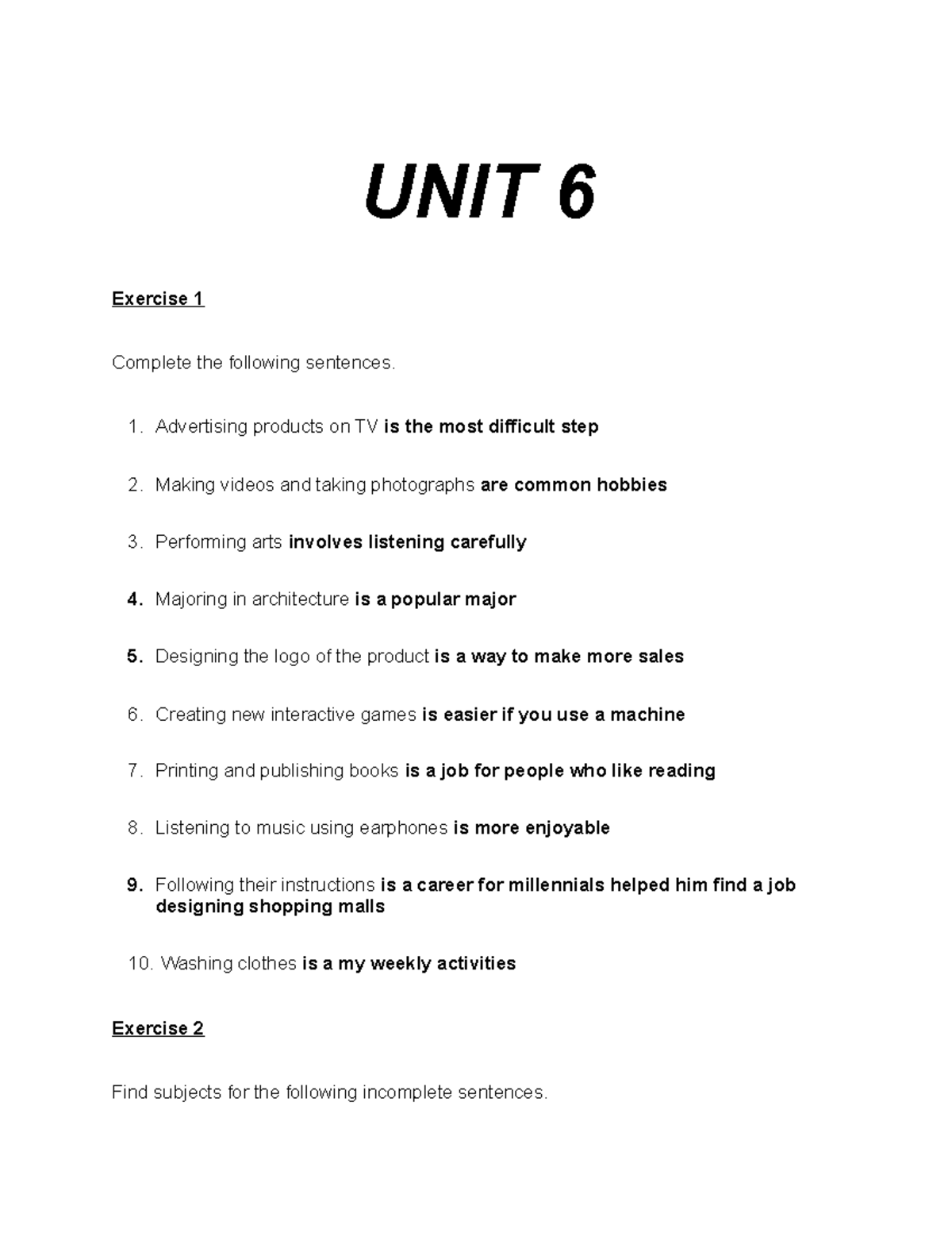 Unit 6 - Exercises on Infinitives and Gerunds - Studocu