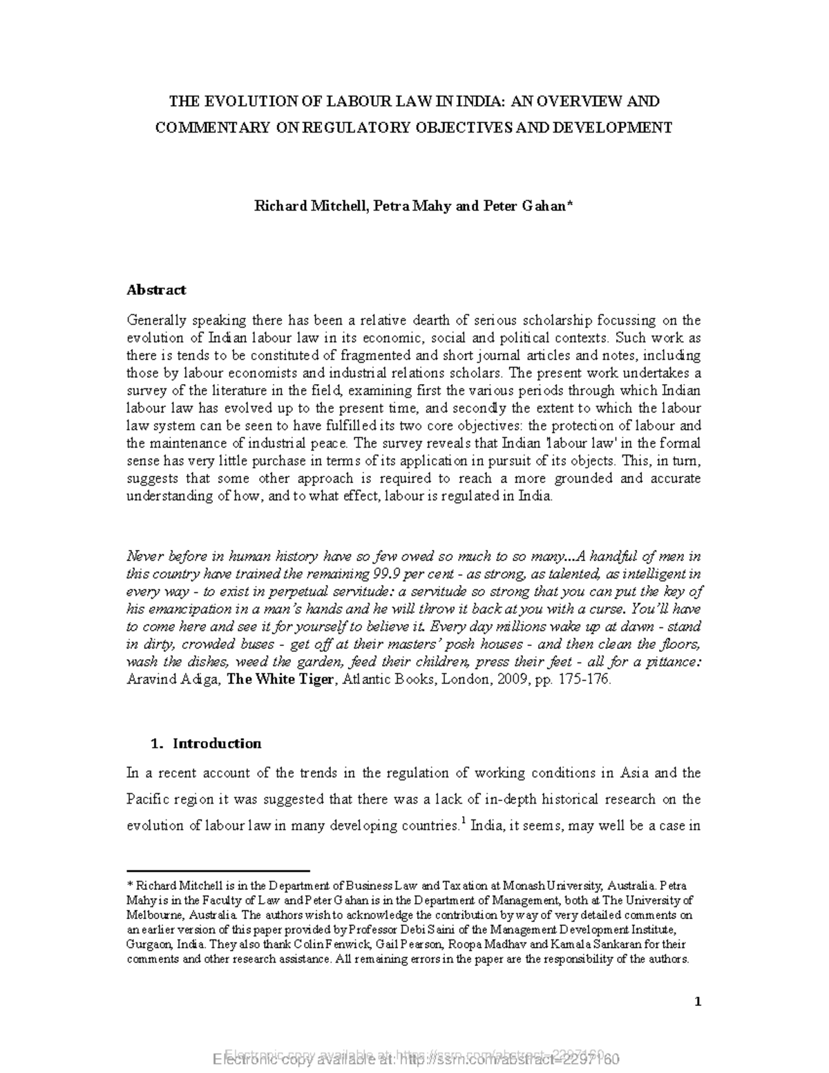Ssrn-2297160 - Overview of the Evolution of Labour Law in India - Studocu