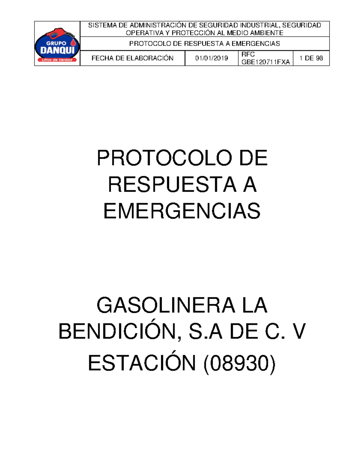 PROTOCOLO DE EMERGENCIA PARA GASOLINERA LA BENDICIÓN S.A DE C. V (PRE 08930) - Document Preview