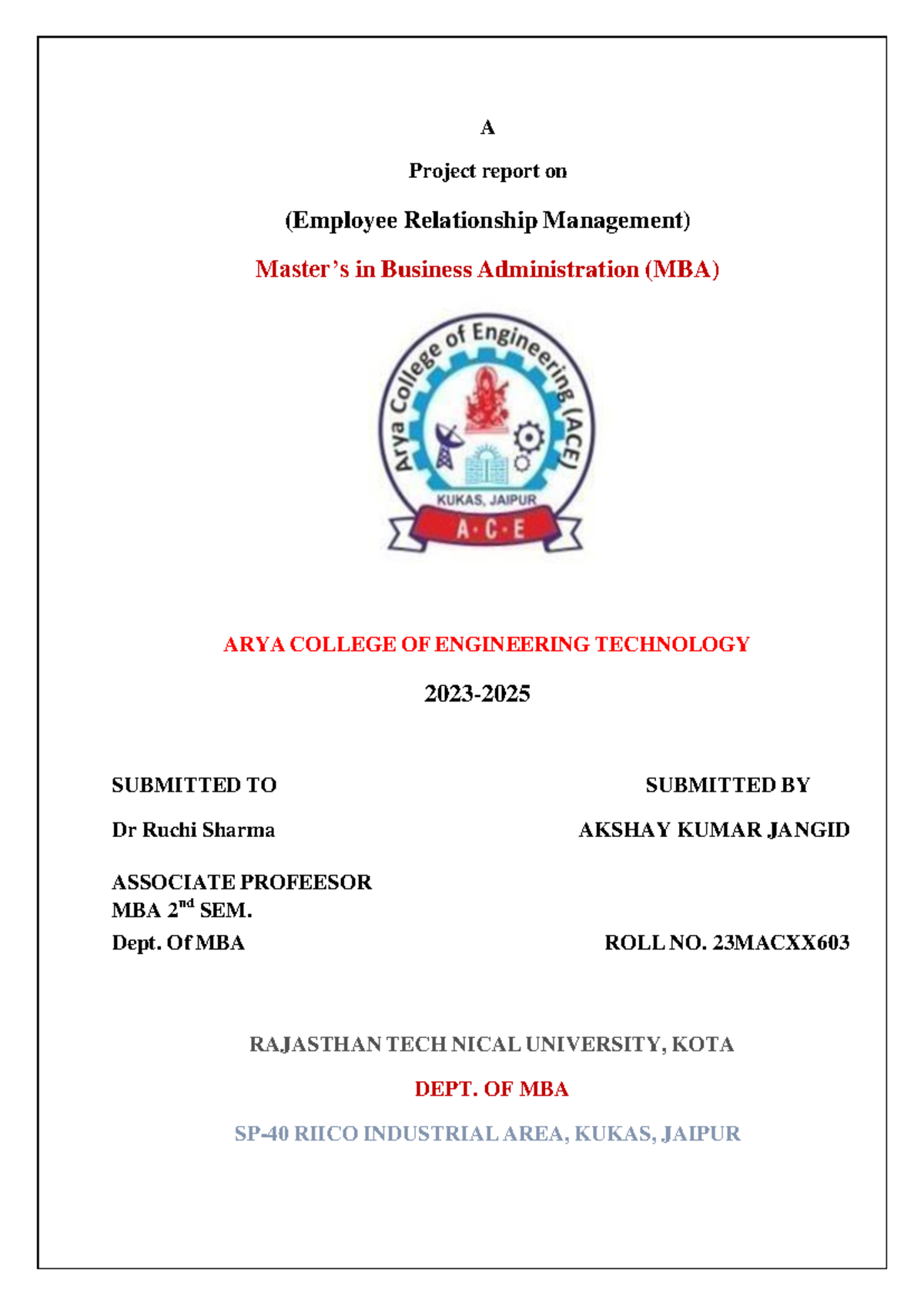 MBA 2nd SEM Project Report: Employee Relationship Management - Studocu