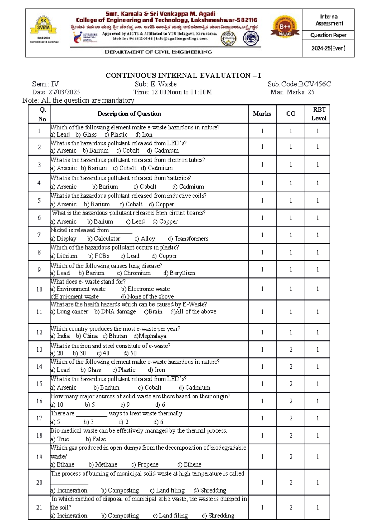 E-Waste Internal Assessment Question Paper BCV456C Sem IV - Studocu