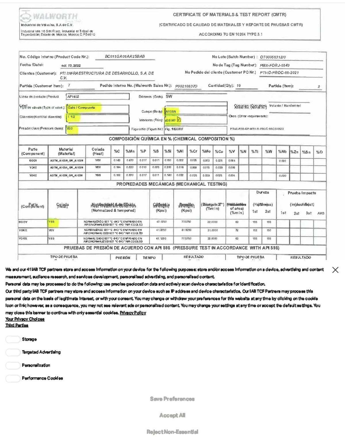 CMTR Report: Chemical Composition & Mechanical Properties (API 598 ...