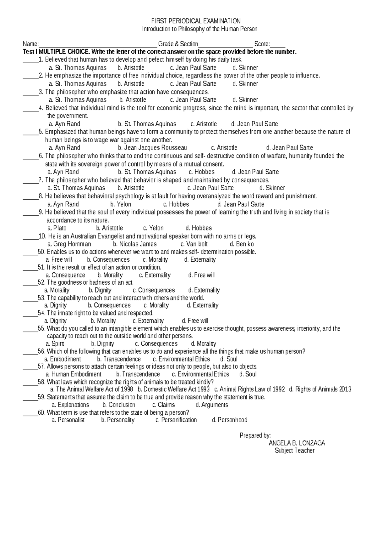 PHIL 101: First Periodical Exam Sample Questionnaire in Philosophy ...