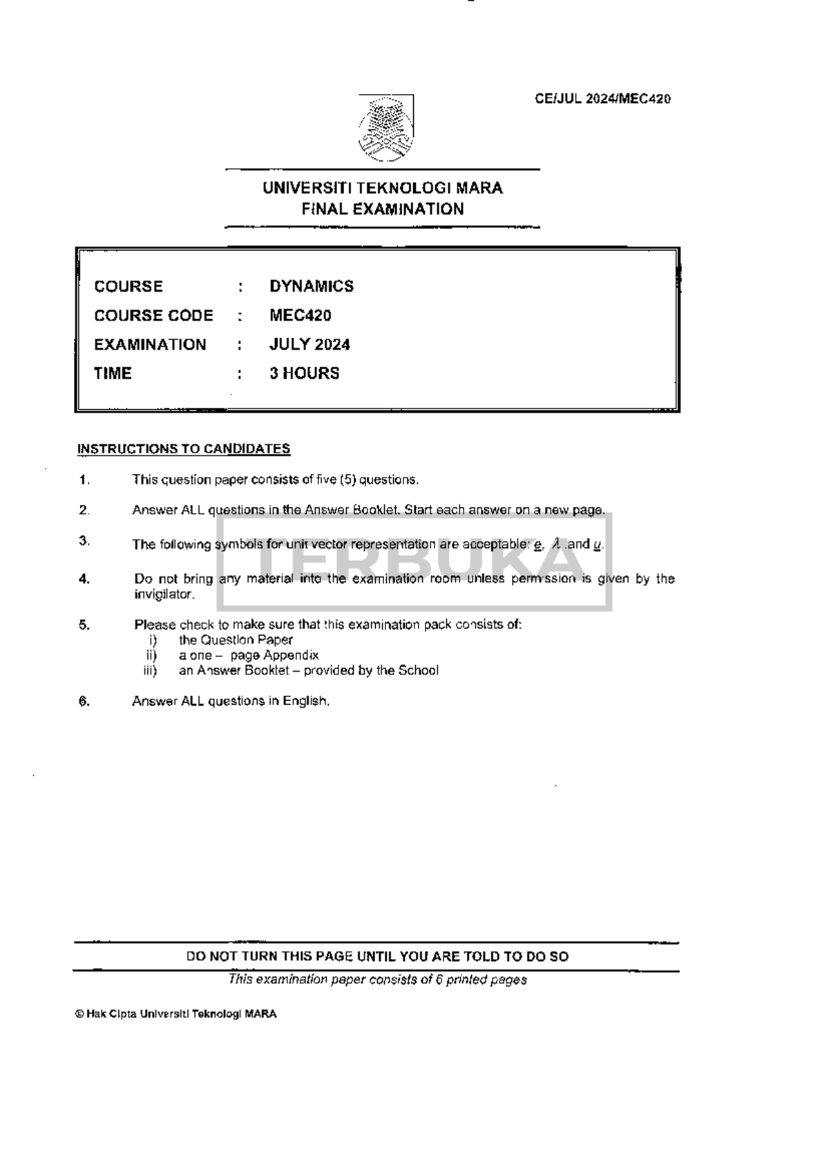 MEC420 - Final Examination Dynamics July 2024 - Studocu