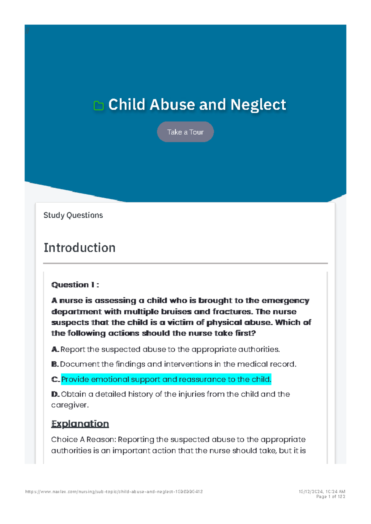Child Abuse and Neglect MCQs - Nursing Quiz (Course Code: NUR101) - Studocu