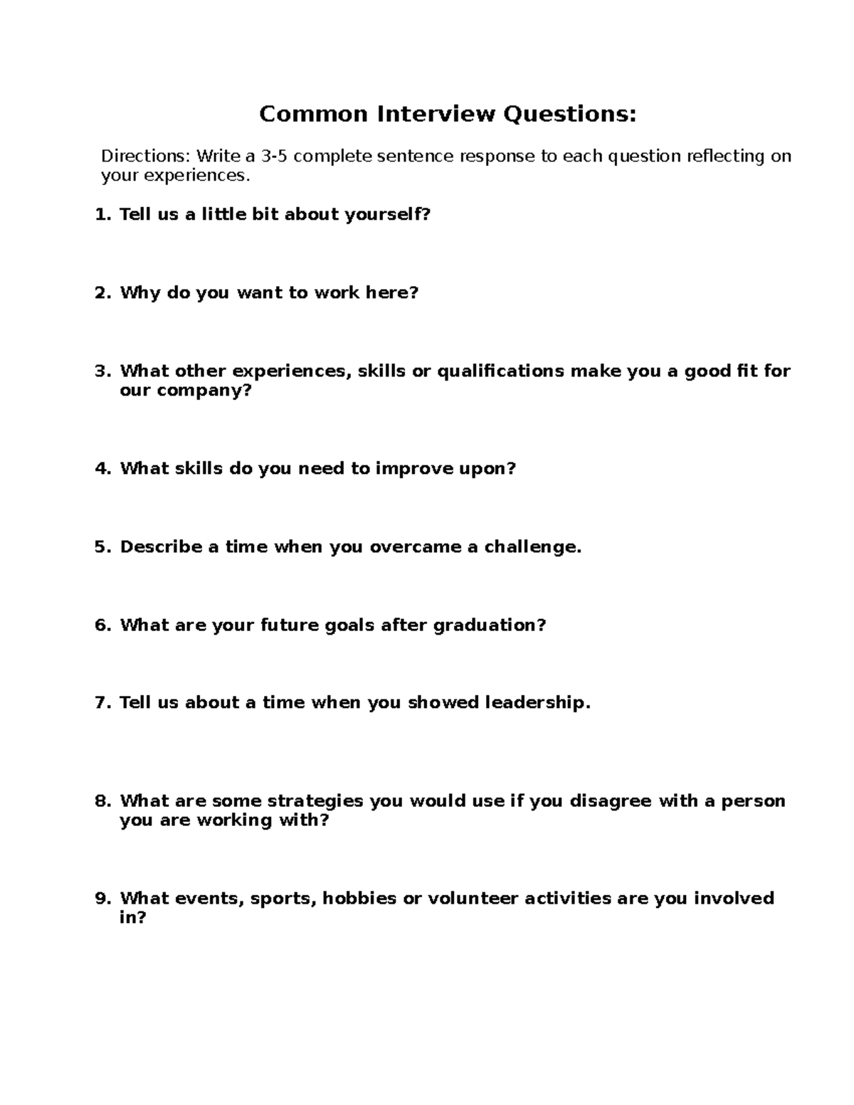 Common Interview Questions WS 1: Complete Sentence Responses Guide ...