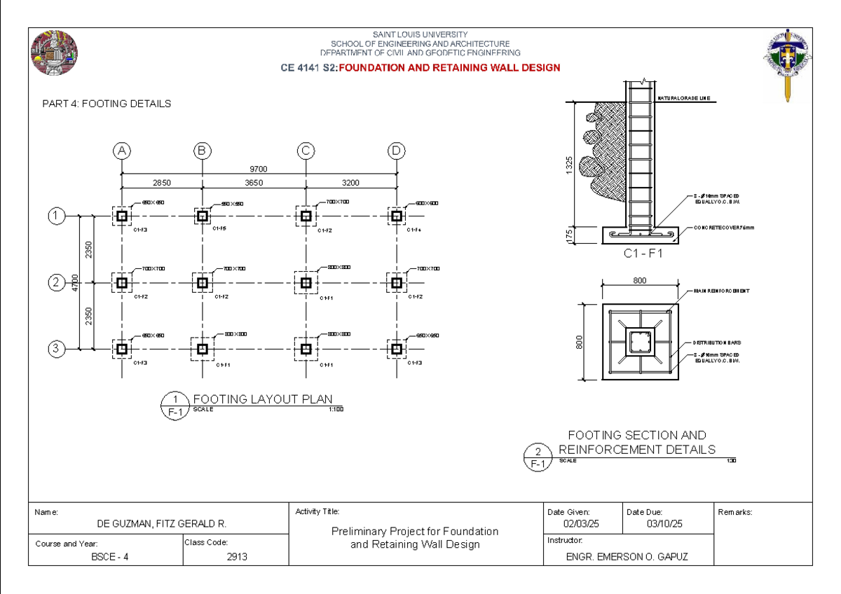 F1 - Preliminary Project for Foundation & Retaining Wall Design - Studocu