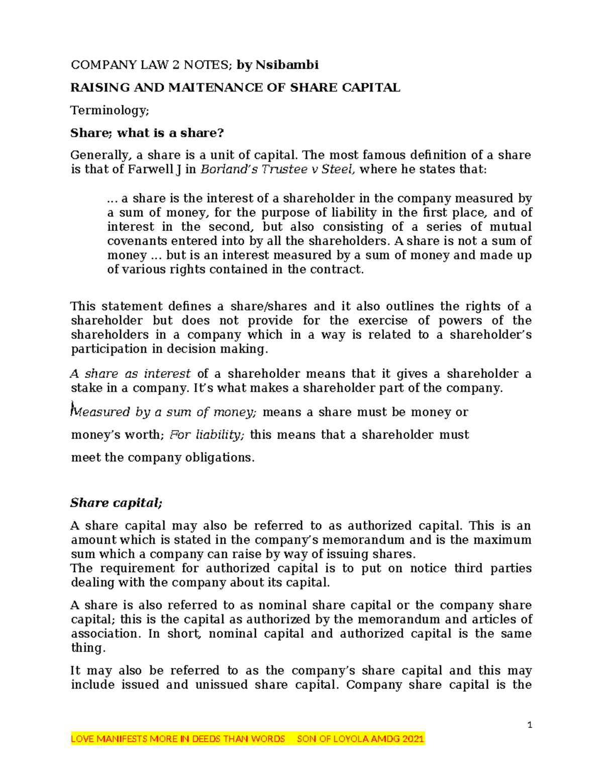 BA2: Company Law 2 Notes on Share Capital and Shareholder Rights - Studocu