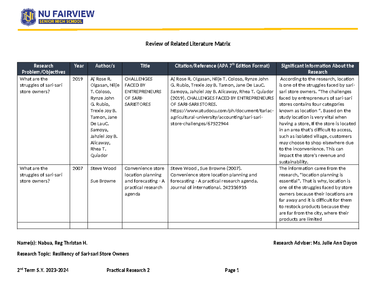 Review of Related Literature Matrix - Review of Related Literature ...